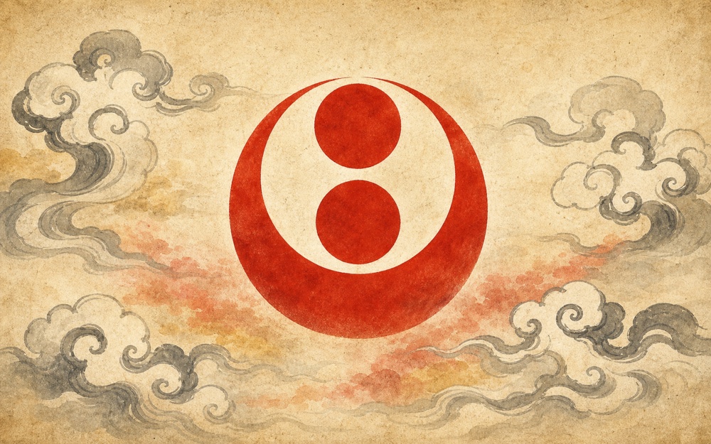 The crest of Sun, Moon, and Mirror with drifting clouds
